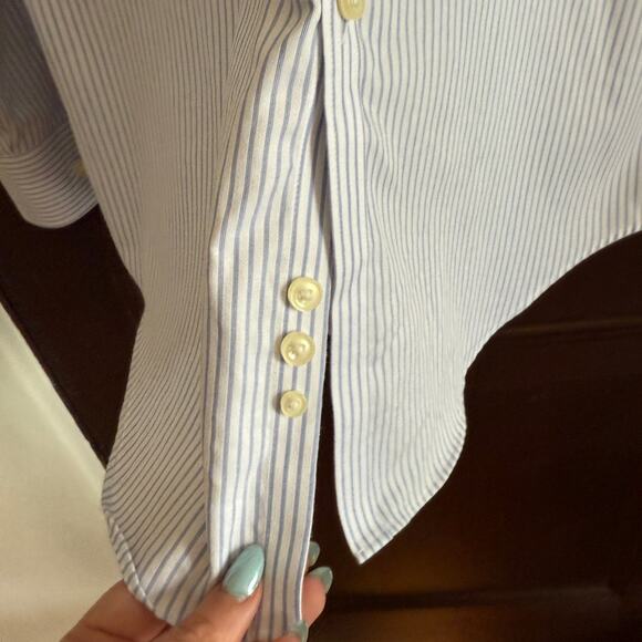 JHANE BARNES | Men's Slim Fit Non-Iron Blue White Striped Button Up Shirt Medium - Picture 6 of 9